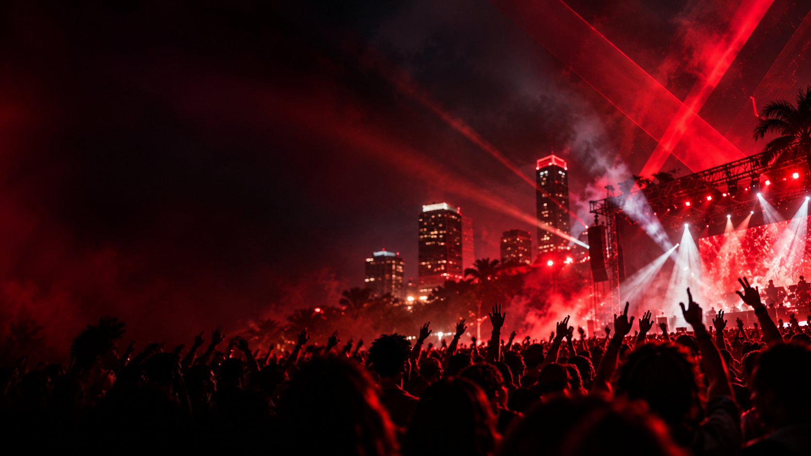 Crimson red lights over a local concert crowd
